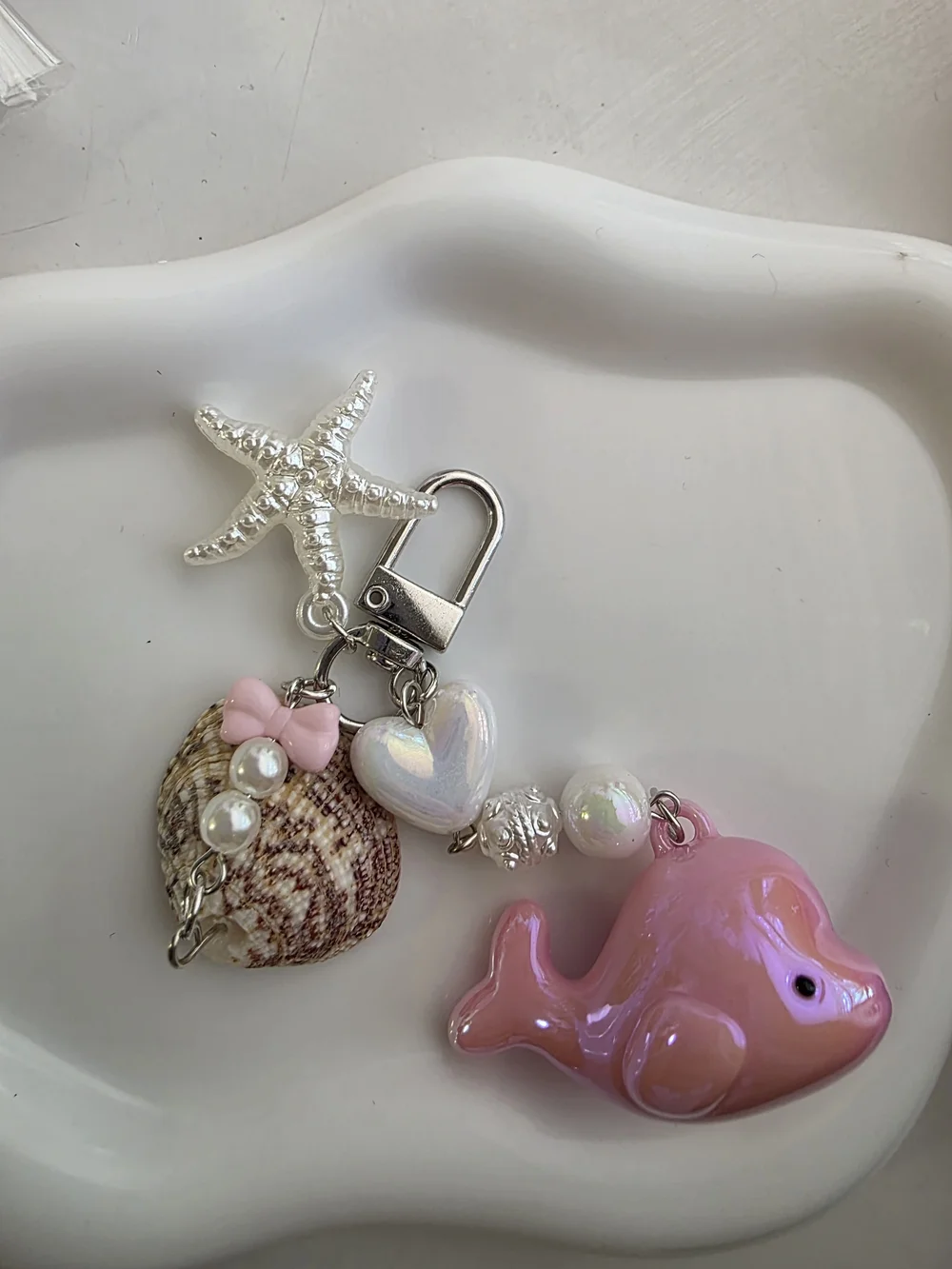 Pink Whale and Shell Charm Keychain Necklace - Women Jewelry
